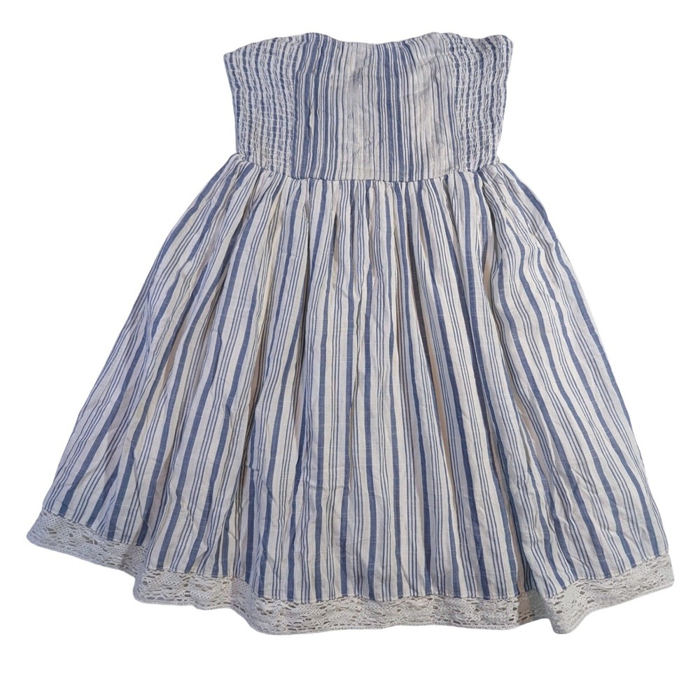 Aéropostale Blue & White Stripe Smocked Strapless Sundress Lace‎ Trim M READ